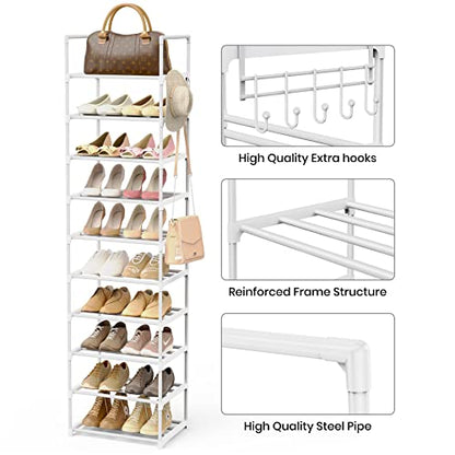 Metal Shoe Rack Organizer 10 Tiers, 20-24 Pairs Narrow Tall Shoe Racks for Closets Entryway - Vertical Boots Organizer Storage - Sturdy Shoe Shelf Cabinet White
