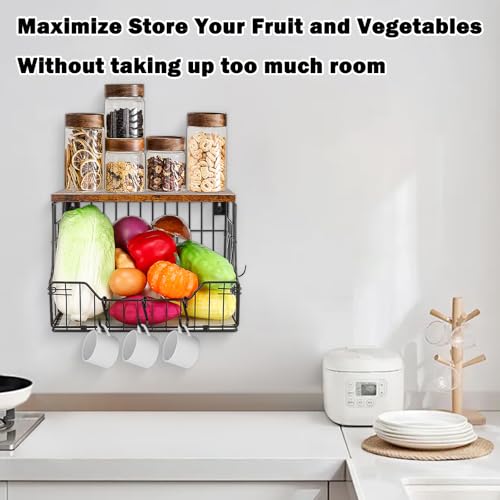 Fruit Basket for Kitchen, Metal Fruit Vegetable Storage Bin with 2 Banana Hangers, Countertop Wire Basket Organizer for Snack Potato Onion, Screw Mounted or Stand (Black, 1 Pack)