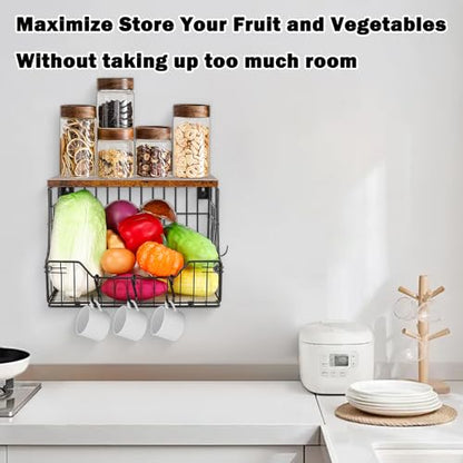 Fruit Basket for Kitchen, Metal Fruit Vegetable Storage Bin with 2 Banana Hangers, Countertop Wire Basket Organizer for Snack Potato Onion, Screw Mounted or Stand (Black, 1 Pack)