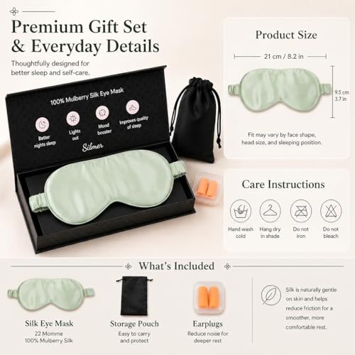 Silmer 100% Mulberry Silk Sleep Mask, 22 Momme 6A Silk Eye Mask for Sleeping, Soft Light Blocking Eye Cover with Silk Filling, Gift Box, Travel & Nap Sleep Mask for Women and Men (Green)