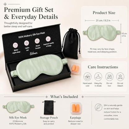 Silmer 100% Mulberry Silk Sleep Mask, 22 Momme 6A Silk Eye Mask for Sleeping, Soft Light Blocking Eye Cover with Silk Filling, Gift Box, Travel & Nap Sleep Mask for Women and Men (Green)
