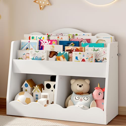 Kids Bookshelf and Toy Storage, Children's Bookcase with 2 Toy Cubes, Toddler Book Shelf for Kids Room, Wooden Book Organizer, for Playroom, Nursery, Living Room, White MCW15WB
