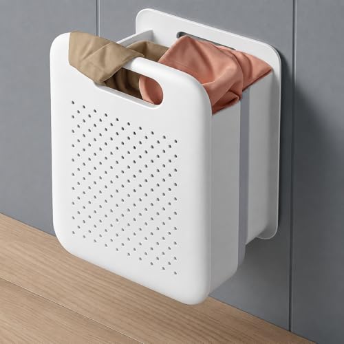 Collapsible Laundry Basket, Space-Saving Wall-Mounted Hamper, Detachable Hanging Organizer for Home, Dorms, RVs, Measures 11.8" x 8" x 14.7" In (White)
