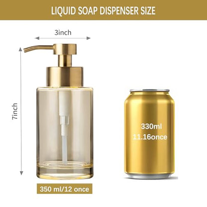 Enra Thick Glass Soap Dispenser, Gold Liquid Hand Bathroom Soap Dispenser | 12oz glass container with stainless steel pump. Refillable design with elegant style for countertops, kitchens