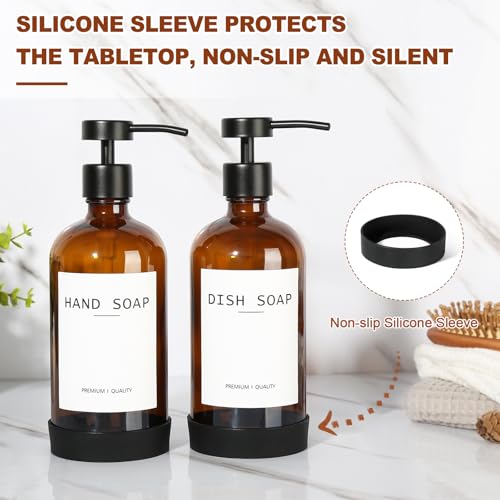 Hand Soap Dispenser for Bathroom 2 Pack, Amber Glass Soap Dispenser with Stainless Steel Pump, 16.9 Fl oz Hand and Dish Soap Dispensers Set Kitchen, Modern Brown Soap Lotion Dispensers Bottle