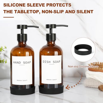 Hand Soap Dispenser for Bathroom 2 Pack, Amber Glass Soap Dispenser with Stainless Steel Pump, 16.9 Fl oz Hand and Dish Soap Dispensers Set Kitchen, Modern Brown Soap Lotion Dispensers Bottle