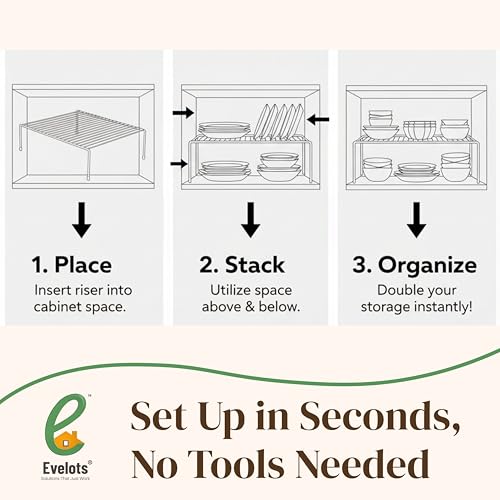 Evelots 2-Pack Wire Shelves, Cabinet Shelf Risers & Freezer Organizers | Rustproof dish risers for cabinets double storage space; use as small wire freezer shelves, pantry racks or shelf extenders.