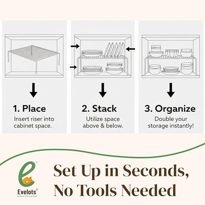 Evelots 2-Pack Wire Shelves, Cabinet Shelf Risers & Freezer Organizers | Rustproof dish risers for cabinets double storage space; use as small wire freezer shelves, pantry racks or shelf extenders.