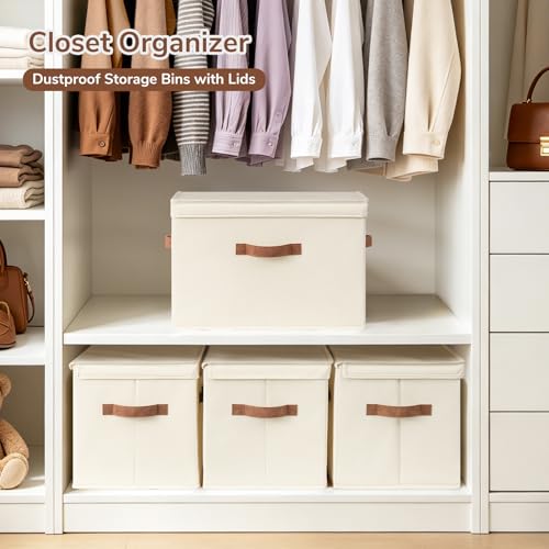 CHICVITA 4-Pack Large Fabric Storage Bins with Lids for Shelves, Ivory | 17.1" x 11.2" x 11.6" Decorative Storage Boxes with Handles for Clothes Fit Closet, Toy Box with Support Plate for Playroom