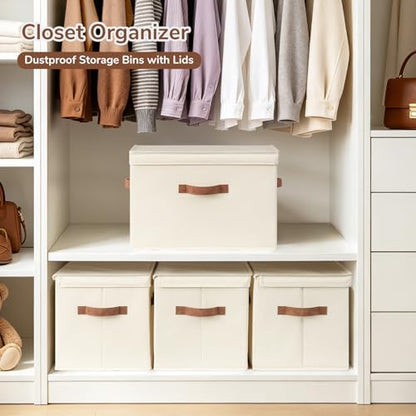 CHICVITA 4-Pack Large Fabric Storage Bins with Lids for Shelves, Ivory | 17.1" x 11.2" x 11.6" Decorative Storage Boxes with Handles for Clothes Fit Closet, Toy Box with Support Plate for Playroom
