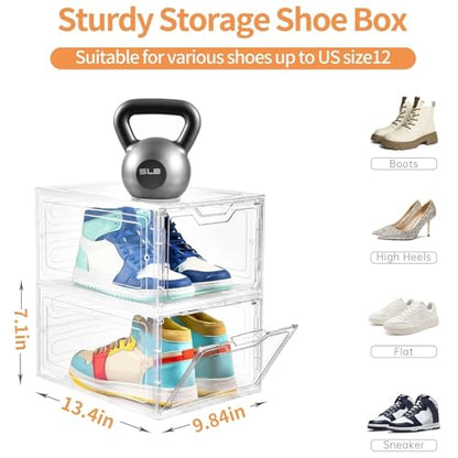 12 Pack Thicken & Sturdy Clear Shoe Storage Organizer with Magnetic Door, Shoe Boxes Clear Plastic Stackable for Closet, Shoe Rack for Sneaker Boot Container, Shoe Cabinet Fit up to US Size 12