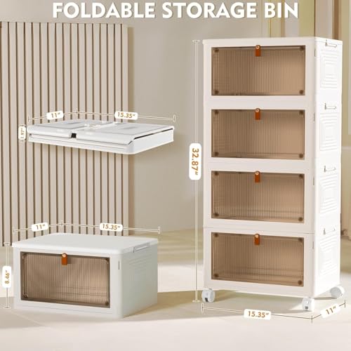 4 Tier Plastic Storage Bins with Lid 23QT, Stackable Storage Bins | Plastic Storage Bins with Wheels, Folding Storage Boxes, Organizers and Storage for Living Room,Office,Dorm