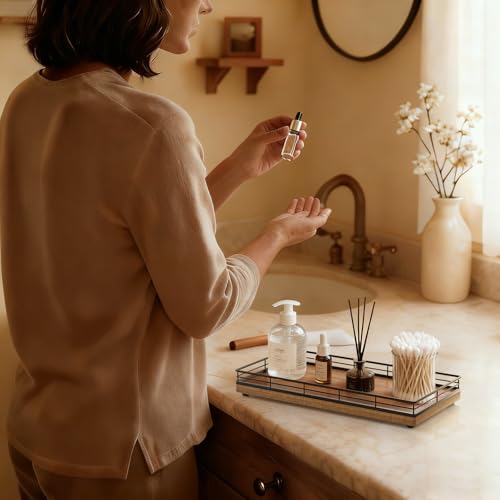 Bathroom Vanity Tray for Countertop, 12" x 6" Acacia Wood Toilet Tank Tray | Metal Guardrail, Bathroom Organizer for Soap, Perfume & Skincare, Non-Slip Decorative Tray for Dresser, Black & Acacia