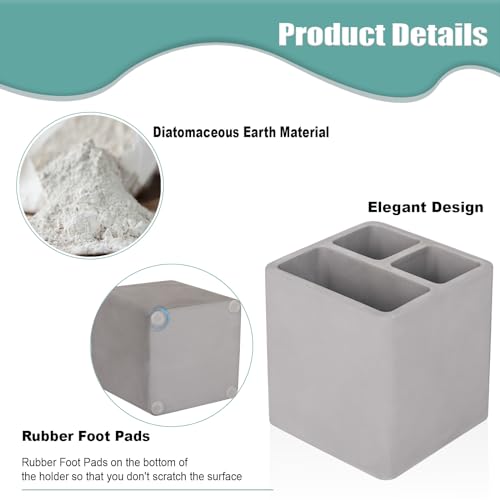 Diatomite Toothbrush Holders Tooth Brush Organizer - Dark Gray | Water-Absorbent Material, 3 Slots for Electric Toothbrush and Toothpaste, for Bathroom Countertop, Shower, Vanity