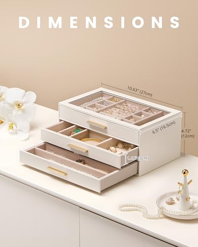 Lolalet Jewelry Box Organizer, 3-Layer Jewelry Storage Case -Beige | Jewellery Organizers and Storage with Glass Window, Ring Earring Bracelet Necklace Holder, Birthday Gifts for Women Girls Mom
