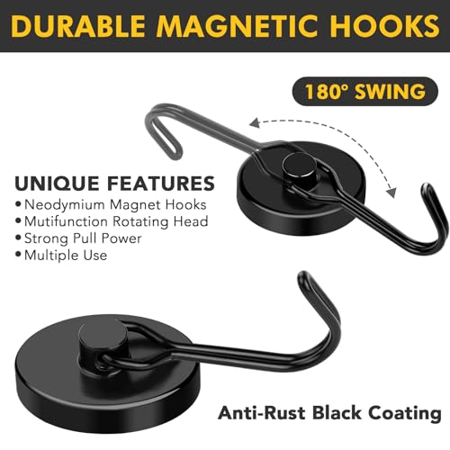 Black Magnetic Hooks Heavy Duty 120LB+ Swivel Strong Magnet Hook | Neodymium Hook Magnets for Hanging Home Workplace Metal Door Office and Garage