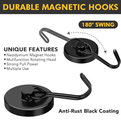 Black Magnetic Hooks Heavy Duty 120LB+ Swivel Strong Magnet Hook | Neodymium Hook Magnets for Hanging Home Workplace Metal Door Office and Garage