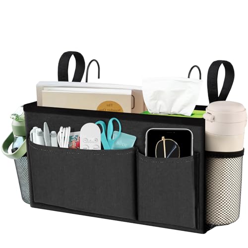 BlissTotes Bedside Caddy, Dorm Storage with Pockets, Bunk Bed Accessories | Hanging Bed Storage Organizer with Hooks, Bedside Shelf Bag, Magazine Holder for Home, College, Hospital (Dark Grey, 1 Pack)