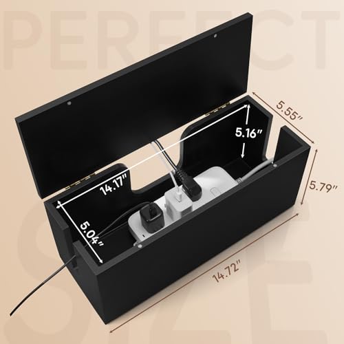 Large Cable Management Box - Wood Cable Organizer Box and Power Strip Box for Electrical Cord Management - Hide Desk Cord and Floor Cables - Wire Storage and Organization for Cords, Black
