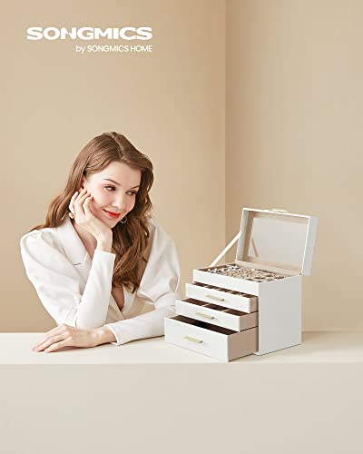 SONGMICS GISELLA Collection - Jewelry Box with Glass Lid, 4-Layer Jewelry Organizer, 3 Drawers, for Sunglasses, Big Jewelry, Jewelry Storage, Modern Style, Cloud White and Gold Colour UJBC161W01