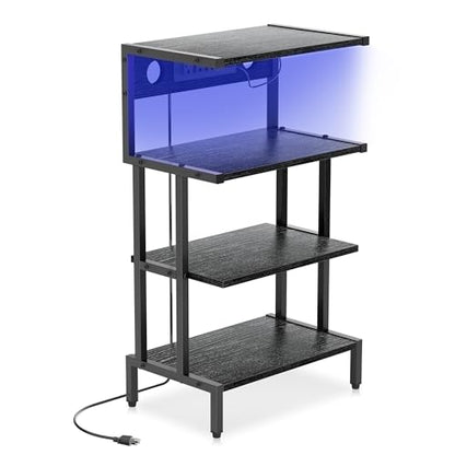 Game Console Shelf, 4-Tier Video Gaming Consoles Stand with Outlet & RGB Light, Small Media Entertainment Center for Audio Stereo Storage Organizer Playroom Furniture, Stereo Stands and Racks