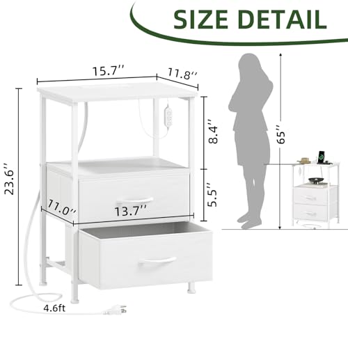 Somdot Nightstand with 2 Drawers, Charging Station & LED Light | Fabric-Bin Dresser for Bedroom, Bedside, Kids Room, Dorm, Closet, Laundry and Entryway, White