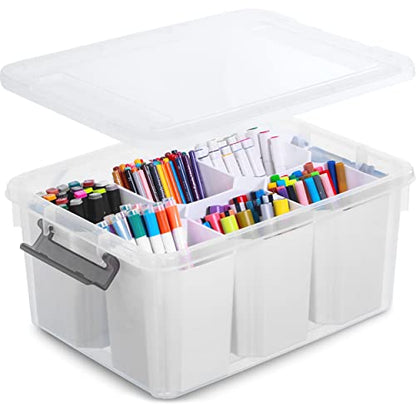 Citylife 17QT Craft Organizers and Storage bins with Lids, Marker Organizer | Clear Plastic, Art Supply Organizer for Markers, Crayons and Crafts, 6 Detachable Inserts, Versatile Stackable, No Assembly