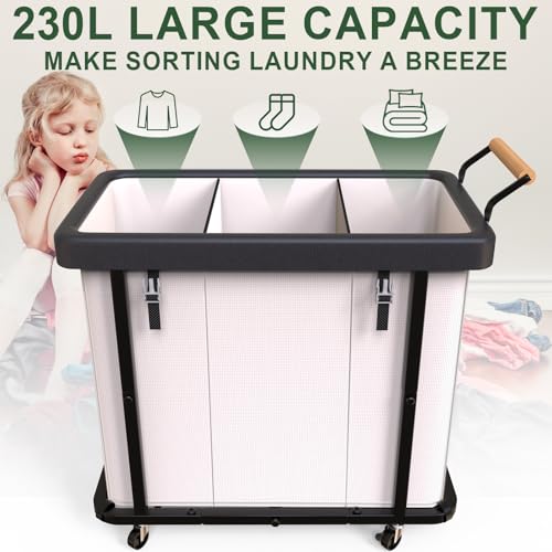 Laundry Hamper 3 Section,230L (60Gal) Rolling Dirty Clothes Hamper White | Laundry Basket with Wheels & Lid,Laundry Organizer Storage Cart with Metal Frame and Wooden Handle for Laundry Room, Hotel