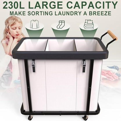 Laundry Hamper 3 Section,230L (60Gal) Rolling Dirty Clothes Hamper White | Laundry Basket with Wheels & Lid,Laundry Organizer Storage Cart with Metal Frame and Wooden Handle for Laundry Room, Hotel