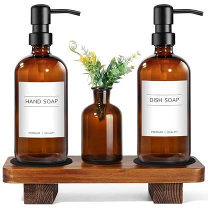 Kitchen Soap Dispenser Set with Wood Riser Tray, Amber Glass Soap Dispenser with Stainless Steel Pump, Hand and Dish Soap Dispenser Set for Kitchen, Soap and Lotion Dispenser Bathroom Decor(Amber)