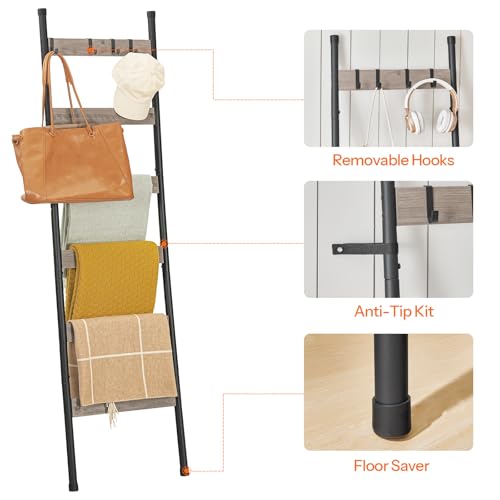 HOOBRO Blanket Ladder, 6-Tier Towel Rack with Hooks, Wall-Leaning Blanket Rack, Decorative Display Ladder Shelf, Scarves, Industrial, Living Room, Bedroom, Black and Greige BG66CJ01