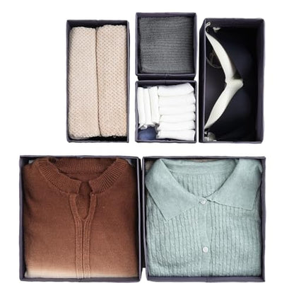 Drawer Organizers, Durable Fabric, Washable, with Base Support Boards, Small Storage Boxes for Bathroom, Closet, Dresser, Set of 6, Dark Grey