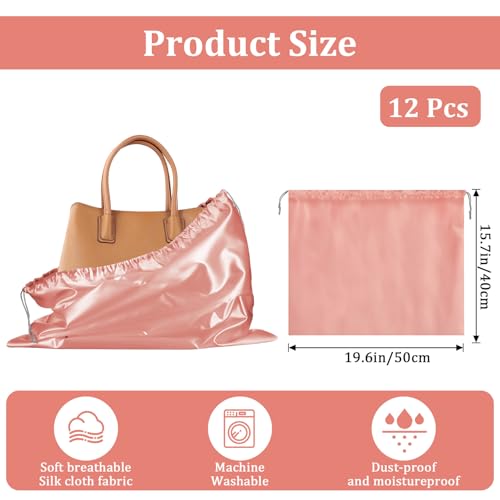 12 Pcs Dust Bags for Purses and Handbags Satin Purse Storage Organizer With Drawstring Closure Handbag Protector 16 x 20 in, Pink