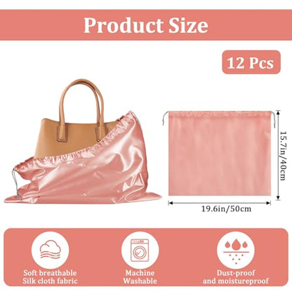 12 Pcs Dust Bags for Purses and Handbags Satin Purse Storage Organizer With Drawstring Closure Handbag Protector 16 x 20 in, Pink