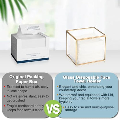 Sumnacon Glass Disposable Face Towel Holder Compatible with Clean Skin Cluub XL Facial Towels, Gold Clear Face Towels Storage Box with Lid, Makeup Container Organizer for Bathroom, Vanity Countertop