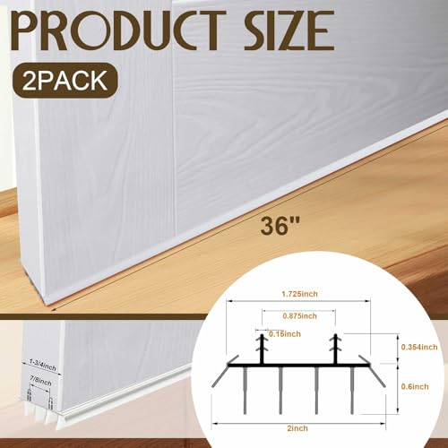 Pushglossy 2 Pcs Kerf Style Door Bottom 36" Long 1 3/4" Wide Replacement Threshold Seal with Vinyl Fins Weatherstrip Draft Stopper for Interior Exterior Doors(White)