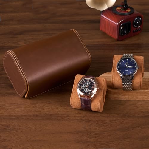 ProCase Watch Travel Case, 2 Slot PU Leather Watch Roll Box for Men, Brown | Portable Watch Organizer, Anti-Shift Angled Pillow Track, Scratch Resistant Soft Lining, Ideal Gift for Him/Her