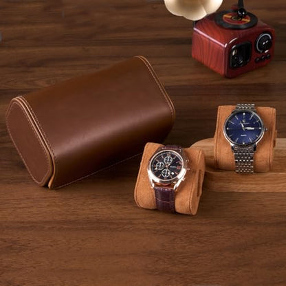 ProCase Watch Travel Case, 2 Slot PU Leather Watch Roll Box for Men, Brown | Portable Watch Organizer, Anti-Shift Angled Pillow Track, Scratch Resistant Soft Lining, Ideal Gift for Him/Her
