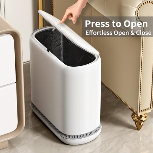 Bathroom Trash Can with Lid, 3 Gallon Small Slim Garbage Bin with Auto-Adsorption & 75 Bags (5 Rolls), Mini Waste Basket Dog Proof for Bathroom, Kitchen, Office, Bedroom, Laundry, Toilet, Rv, White