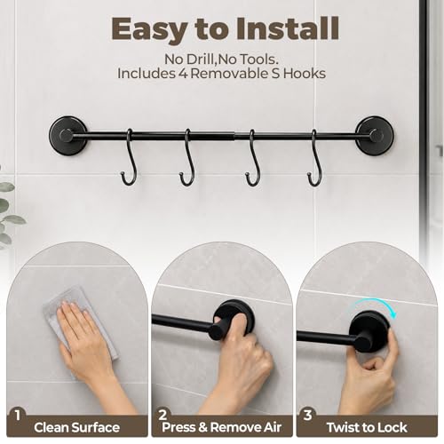 Adjustable Suction Cup Towel Bar – Towel Racks for Bathroom, 13.6-25 Inch, Stainless Steel Bathroom Towel Holder with 4 S Hooks, No Drill for Kitchen, Shower & Smooth Surfaces – Black