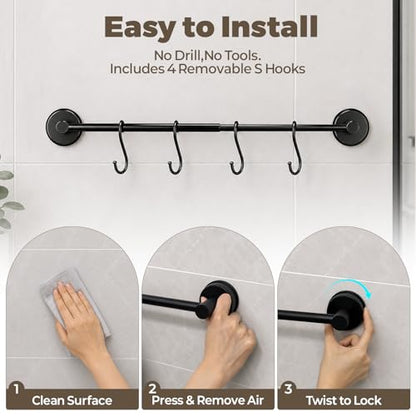 Adjustable Suction Cup Towel Bar – Towel Racks for Bathroom, 13.6-25 Inch, Stainless Steel Bathroom Towel Holder with 4 S Hooks, No Drill for Kitchen, Shower & Smooth Surfaces – Black