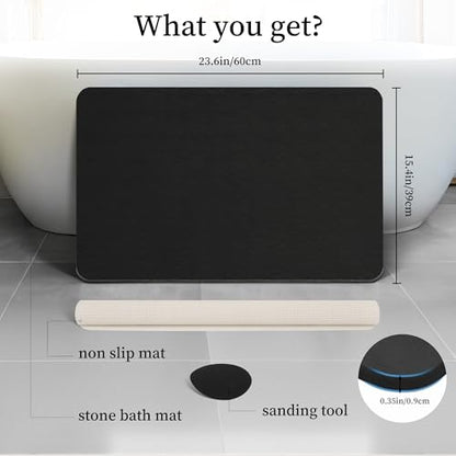 THMINS Black Stone Bath Mat, 24''x16'' Stone Shower Mat | Diatomite Stone Bath Mat, Super Absorbent, Quick-Drying, Non-Slip, and Easy to Clean for Bathroom