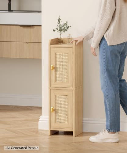 Rattan Small Bathroom Cabinet Narrow Toilet Paper Organizer Oak | 7.9''D x 7.9''W Bathroom Organizer and Storage Cabinet for Small Space, Slim Corner Unit with Adjustable Shelf