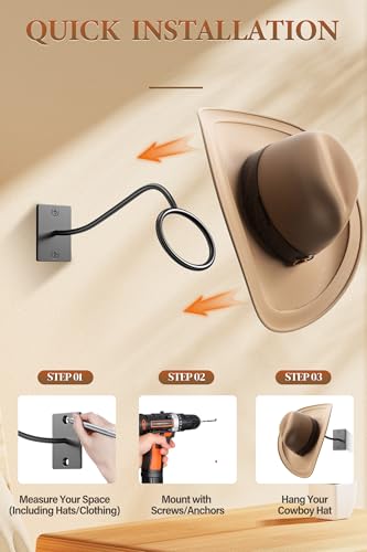 Cowboy Hat Rack for Wall, 4 Pack Cowboy Hat Holder Wall Mount, Western Rustic Metal Cowboy Hat Hanger, Hat Hooks for Cowboy Hat, Fedora, Sun Hats,Wide Brim Hat Organizer