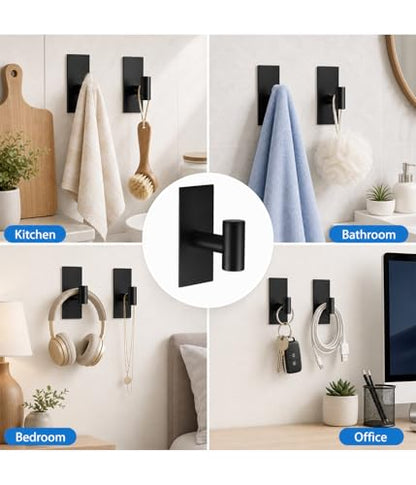 5 Pcs Towel Hooks Heavy Duty for Hanging，Adhesive Wall Hooks with Removable Strips，Sticky No Damage，Outdoor for Bathrooms，Shower，Stockings，Decor，Robe，X-Large，Black 304 Stainless Steel
