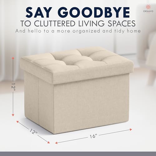 Ornavo Home Small Rectangle Storage Ottoman, Linen, 12x16x12, Beige | Collapsible Cube Design; Foot Rest Stool Seat; Ideal for Living Room, Bedroom, Home Office or Dorm