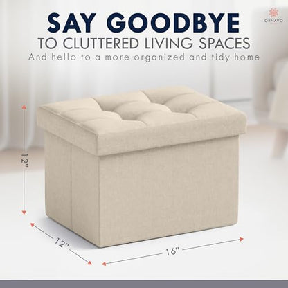 Ornavo Home Small Rectangle Storage Ottoman, Linen, 12x16x12, Beige | Collapsible Cube Design; Foot Rest Stool Seat; Ideal for Living Room, Bedroom, Home Office or Dorm
