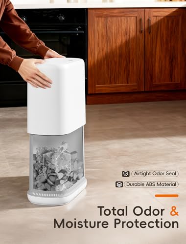 Dog Proof Small Bathroom Trash Can with Lid, Slim Press Top Garbage Can, Narrow White Plastic Waste Basket, for Bathroom Bedroom Office 3.1 Gal with 5 Rolls 75 Trash Bags