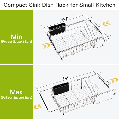 JASIWAY Dish Drying Rack in Sink, Dish Drainer with Cup and Utensil Holder | Over The Sink Expandable Stainless Steel Strainer Dryer Rack for Small Kitchen, Counter Space Saving, Fast Drain, Rustproof