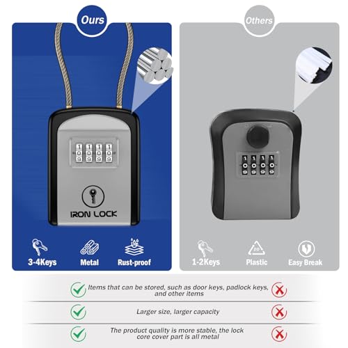 Iron Lock® Key Lock Box with Code, Portable Cable Shackle (Small, Grey) | Holds 2-3 house keys or an access card; 11-in steel cable loops on gate or rail; weather-resistant; no app or battery